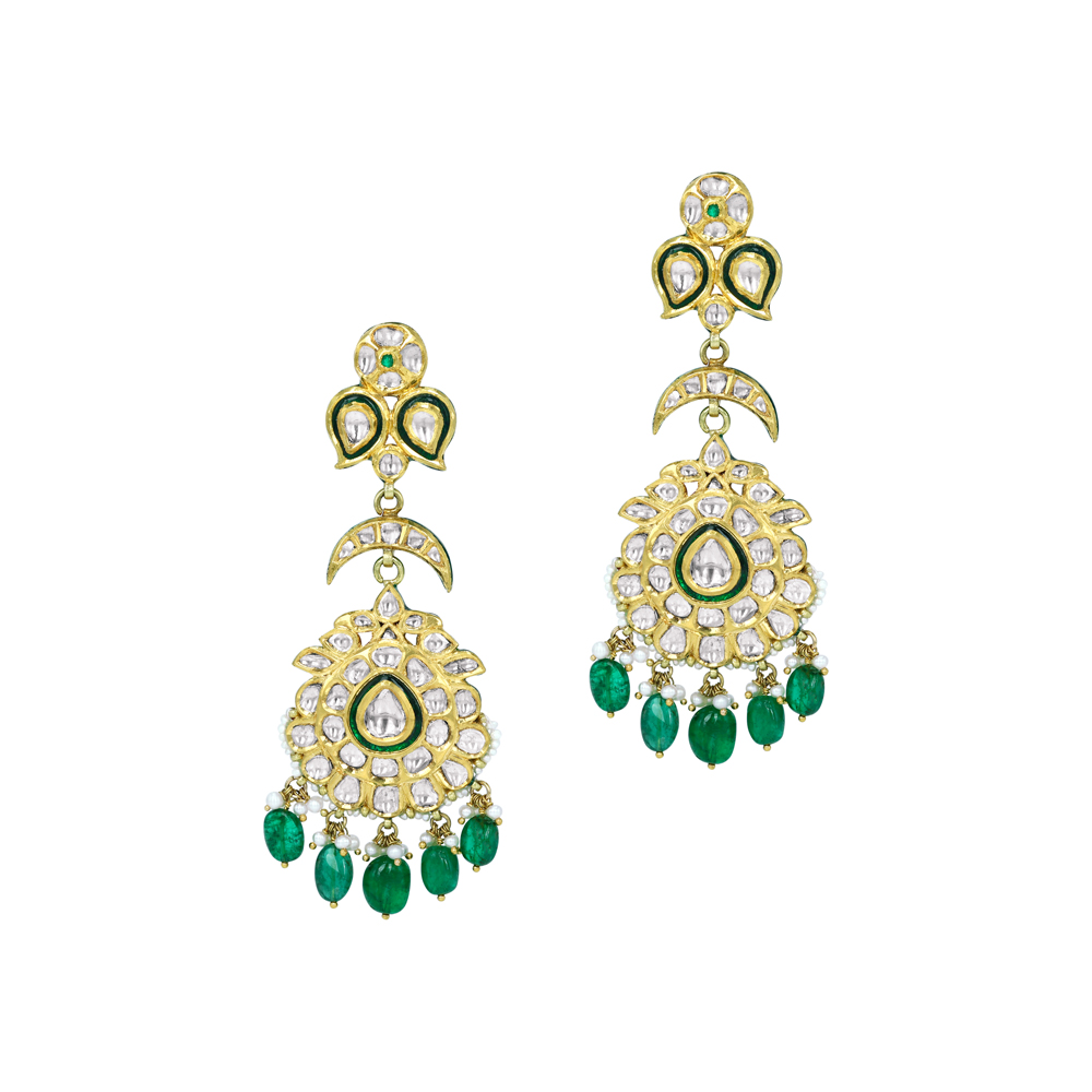 Polki Earrings with Green Enamel, Pearl Beads and Emerald Drops